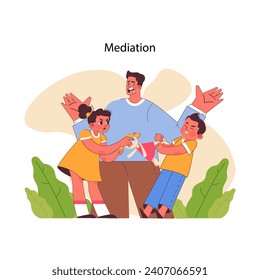 Mediation concept. Mediator resolves a dispute between two kids over a toy, fostering harmony and conflict resolution among children. Flat vector illustration