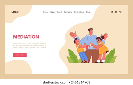 Mediation concept. Mediator resolves a dispute between two kids over a toy, fostering harmony and conflict resolution among children. Flat vector illustration