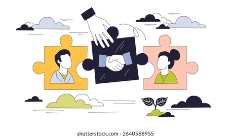 Mediation concept shows two people connected by handshake puzzle piece, symbolizing agreement and conflict resolution. Doodle style