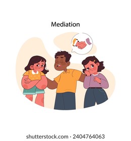 Concepto de mediación. Un joven mediador facilita una solución pacífica entre los niños, destacando la esencia de las aptitudes para la resolución de conflictos entre sus pares. Ilustración vectorial plana