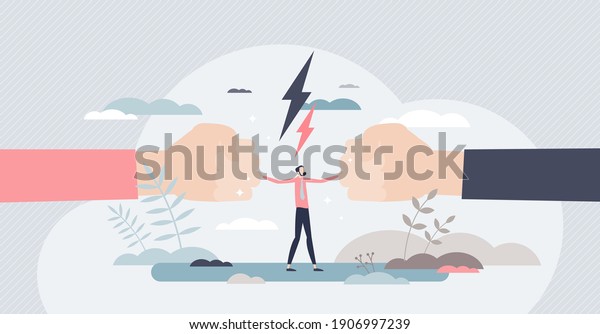 Mediation as conflict compromise and\
solution management tiny person concept. Disagreement and fight\
communication settlement with help from third party vector\
illustration. Business deal\
conversation