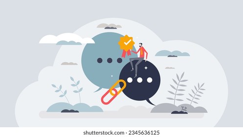 Mediation and conflict resolution with mediator help tiny person concept. Relationship problem support with legal compromise offer and settlement communication vector illustration. Peace management.
