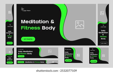 Mediation and fitness body web set banner design for social media post, daily body exercise training banner design, spa and beauty web bundle banner, editable vector eps 10 file format 