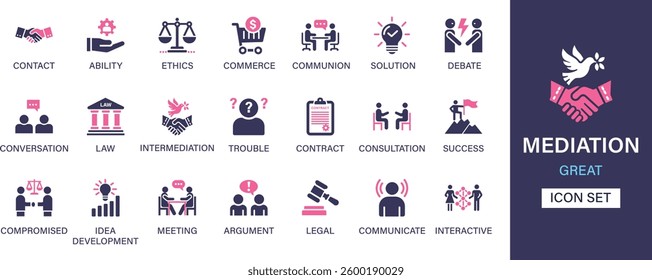 Mediation icon set collection. Contact, ability, ethics, commerce, communion, solution, debate, conversation, law, intermediation, trouble and best solid icon set.