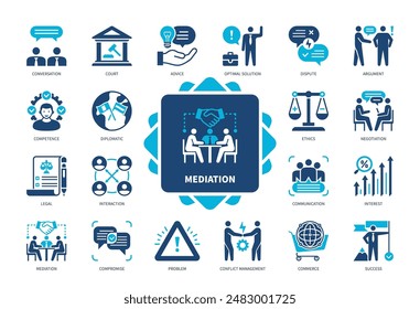 Mediation icon set. Compromise, Dispute, Negotiation, Diplomatic, Advice, Optimal Solution, Competence, Success. Duotone color solid icons