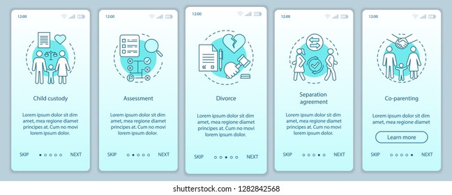 Mediation onboarding mobile app page screen vector template. Child custody, assessment, divorce, co-parenting. Walkthrough website steps with linear illustrations. UX, UI smartphone interface concept
