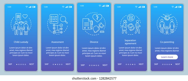 Mediation onboarding mobile app page screen vector template. Child custody, assessment, divorce, co-parenting. Walkthrough website steps with linear illustrations. UX, UI smartphone interface concept