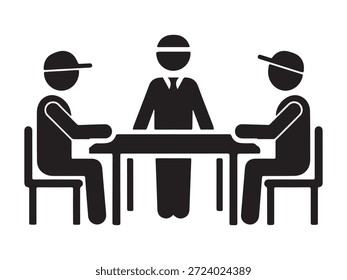 Sessão de mediação ou entrevista corporativa envolvendo dois candidatos e um moderador sentado na mesa retangular do escritório