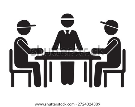 Mediation session or corporate interview involving two candidates and one moderator sitting at rectangular office table