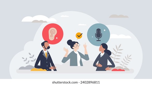 Mediation session and guiding business conversation tiny person concept. Relationship problem therapy with couple communication control and psychologist support vector illustration. Argument mediator