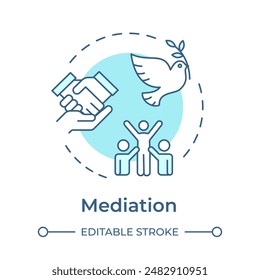 Mediation soft blue concept icon. Dispute resolution, teamwork hands. Agreement finalization. Round shape line illustration. Abstract idea. Graphic design. Easy to use in infographic, presentation