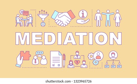 Mediation word concepts banner. Coworking. Dispute, conflict legal resolution. Divorce assist. Presentation, website. Isolated lettering typography idea with linear icons. Vector outline illustration