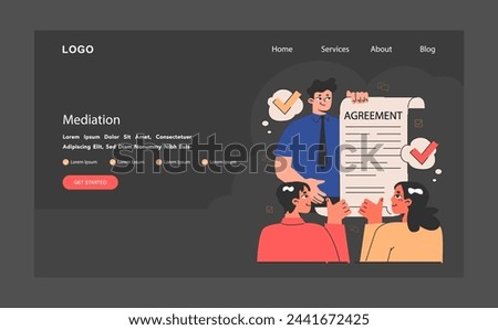 Mediator dark or night mode web, landing. Black businessman highlights a solution, bridging two parties towards mutual agreement. Conflict resolution or balanced negotiation. Flat vector illustration.