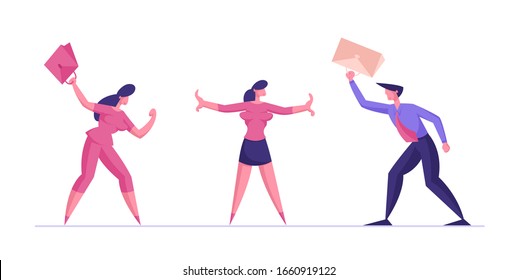 Mediator Girl Prevent Battle of Business Man and Businesswoman Enemies or Opponents Arguing and Staring Each Other Waving Bags. Quarrel or Conflict Between Colleagues. Cartoon Flat Vector Illustration