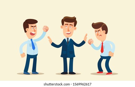 Mediator Man Is Trying To Reconcile Two Warring People. Businessman At Work Resolves The Dispute Of His Subordinates. Men Conflict At Work. Business Vector Illustration, Flat Design Cartoon Style.