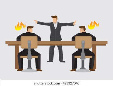 Mediator trying to resolve businessmen deadlocked in acrimonious debate. Vector illustration on business mediator or dispute resolution concept isolated on plain background. 