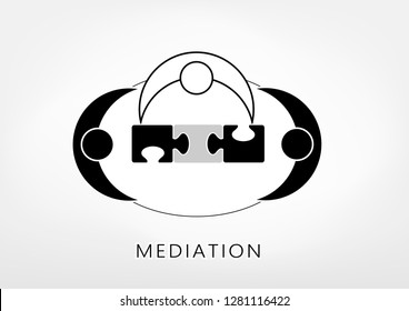 mediator and two persons add up puzzle pieces on the light grey background, top view, vector illustration, horizontal
