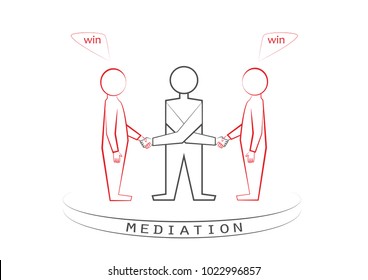 mediator and two persons handshaking isolated on the white background, winner - winner principle, win - win, front view, vector illustration, horizontal