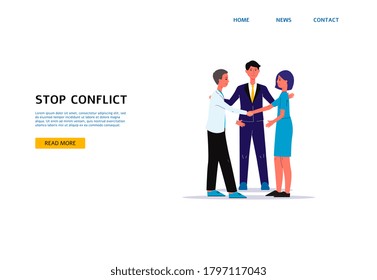 The mediator who stops the conflict. Compromise, successful business negotiations and cooperation. A man and a woman shake hands. Flat isolated vector illustration.