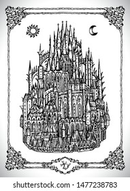 Mediaval castle or town with towers. Vector line art mystic illustration. Engraved drawing in gothic style. Occult, esoteric and fantasy concept