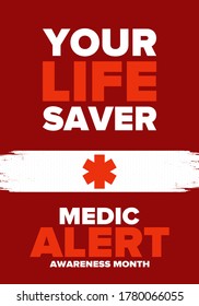 Medic Alert Awareness Month in August. Medical bracelets. First aid, emergency. Medical design. Celebration in United States. Poster, greeting card, banner and background. Vector illustration