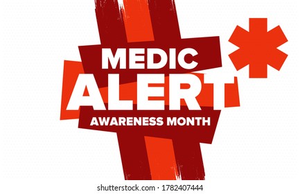 Mes de concientización sobre alerta médica en agosto. Pulseras médicas. Primeros auxilios, emergencia. Diseño médico. Celebración en Estados Unidos. Cartel, tarjeta de saludo, cartel y fondo. Ilustración del vector