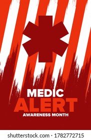 Medic Alert Awareness Month in August. Medical bracelets. First aid, emergency. Medical design. Celebration in United States. Poster, greeting card, banner and background. Vector illustration