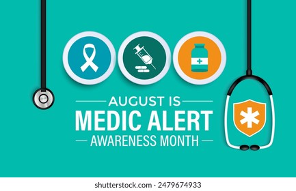 Medic Alert awareness month is observed every year in August. Holiday concept. background, banner, vector illustration.