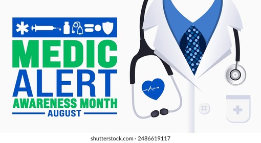 Medic Alert Awareness Month is observed every year in August. Holiday concept. Template for background, banner, card, poster, placard, design template with unique shapes with standard color.