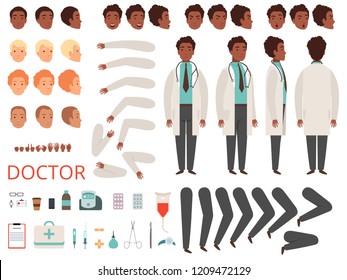 Medic animation. Doctor characters hospital medicine staff body parts and clothes vector creation kit. Doctor man constructor generator illustration