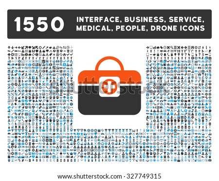Medic Case and other web interface, business tools, people poses, medical service vector icons. Style is flat symbols, bicolored, rounded angles, white background.