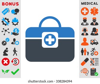 Medic Case vector icon with bonus. Style is bicolor flat symbol, smooth blue colors, rounded angles, white background.