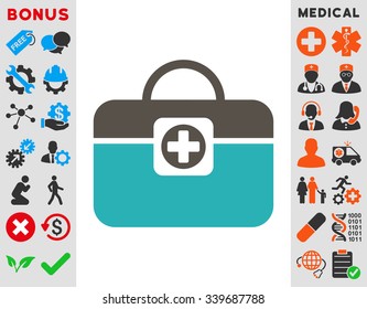 Medic Case vector icon with bonus. Style is bicolor flat symbol, grey and cyan colors, rounded angles, white background.