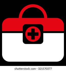 Medic Case vector icon. Style is bicolor flat symbol, red and white colors, rounded angles, black background.