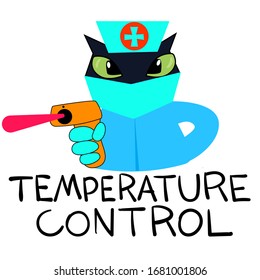 El gato paramédico mide la temperatura remotamente. Termómetro digital láser en manos de un gato. Una mascota enmascarada mide la temperatura. Control de temperatura en la entrada del edificio. Pegatina.