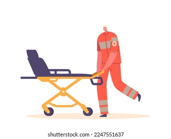 Medic Character Push Stretchers for Injured Patient Transportation Isolated on White Background. First Aid, Emergency Help, Health Care Medical Service Concept. Cartoon People Vector Illustration