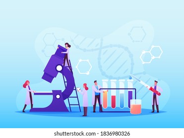 Medic Characters Conduct Medical Analysis with Equipment Microscope and Glass Flasks. Chemistry, Scientists in Chemical Laboratory, Science, Pharmaceutical Research. Cartoon People Vector Illustration