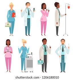 Medic characters. Hospital stuff male and female nurse doctors emergency workers vector mascots. Illustration of nurse and doctor, hospital professional staff