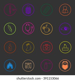 Medic colorful icons set on dark background. Treatment of cold and flu