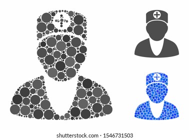 Medic composition of filled circles in various sizes and color tones, based on medic icon. Vector filled circles are united into blue collage. Dotted medic icon in usual and blue versions.