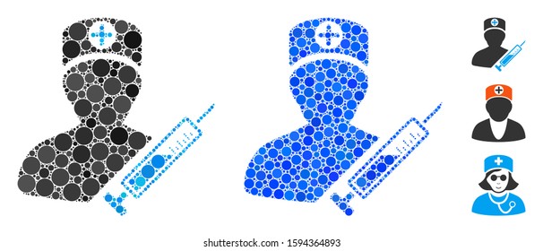 Medic composition of small circles in variable sizes and color tinges, based on medic icon. Vector small circles are organized into blue composition. Dotted medic icon in usual and blue versions.