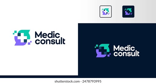 Diseño de logotipo de consulta médica. Logo cruzado con diseño de burbujas de chat símbolo gráfico Vector