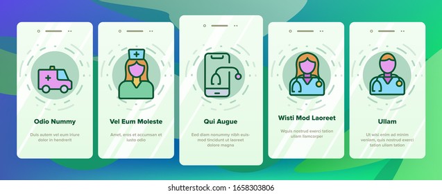 Medic Doctor And Nurse Onboarding Icons Set Vector. Hospital And Medic Case, Medical Diploma And Document, Virus And Cardiogram Illustrations