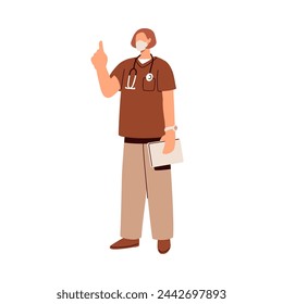 Medic, doctor pointing with finger up. Physician, general practitioner in medical scrubs gesturing with hand, advising and recommending. Flat graphic vector illustration isolated on white background