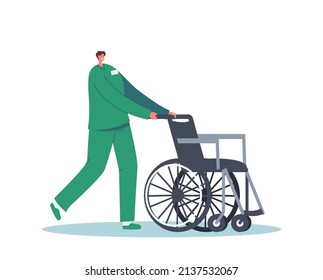 Medic Drive Wheelchair Isolated on White Background. Skilled Healthcare Medical Staff Care Disabled People in Nursing Home or Clinic. Young Nurse Social Worker Character. Cartoon Vector Illustration