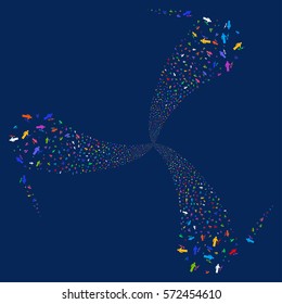 Medic fireworks swirl rotation. Vector illustration style is flat bright multicolored iconic symbols on a blue background. Object whirl made from random symbols.