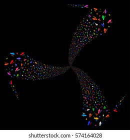 Medic fireworks swirl rotation. Vector illustration style is flat bright multicolored iconic symbols on a black background. Object spiral made from random pictograms.