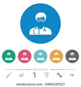 Medic with glasses avatar flat white icons on round color backgrounds. 6 bonus icons included.