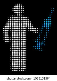 Medic halftone vector icon. Illustration style is pixelated iconic medic symbol on a black background. Halftone pattern is build with circle spots.