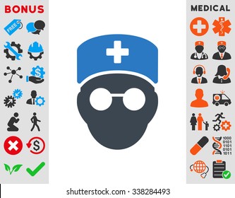 Medic Head vector icon with bonus. Style is bicolor flat symbol, smooth blue colors, rounded angles, white background.